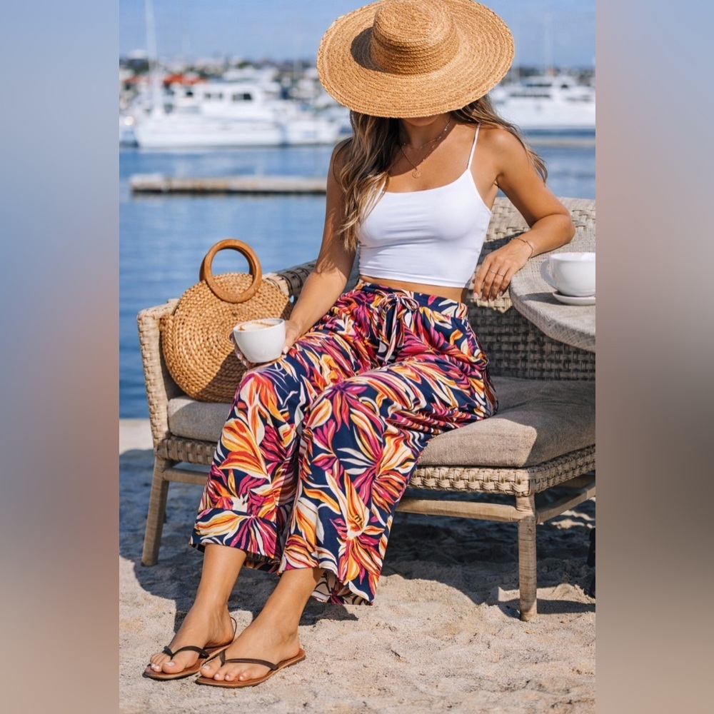 C & C California 100% Linen Wide Pants w/Pockets Tropical Floral Beach Sz Large - Picture 8 of 14